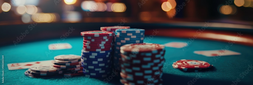 Poster a lively casino table displaying colorful stacks of poker chips during an exciting night of gaming. 