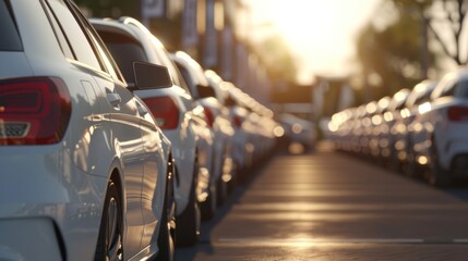 A row of white cars were parked in front of the car dealership in the sunlight