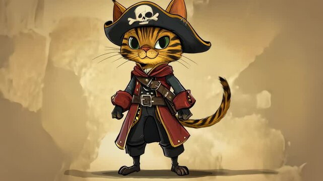 A cartoon pirate cat stands confidently, wearing a black hat with a skull and crossbones