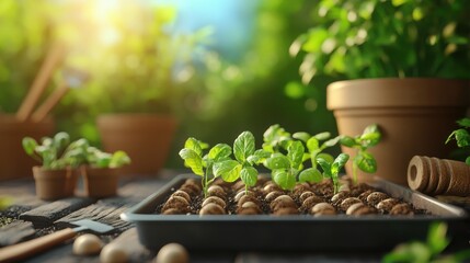 Closeup of Seedlings in a Tray with Blurred Background