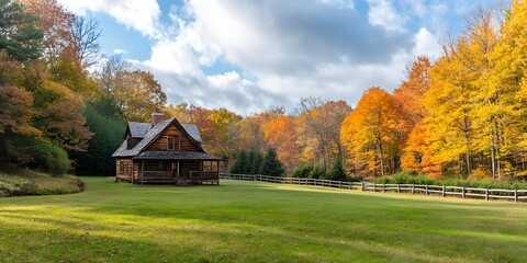 Rustic wooden cabin in a vibrant autumn forest surrounded by fall foliage Golden and orange trees create a cozy countryside scene with a weathered farmhouse and rolling hills
