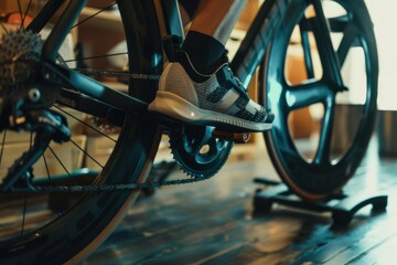 Obraz premium A person cycling indoors with a smart trainer and virtual simulation on TV, showcasing modern fitness and technology.