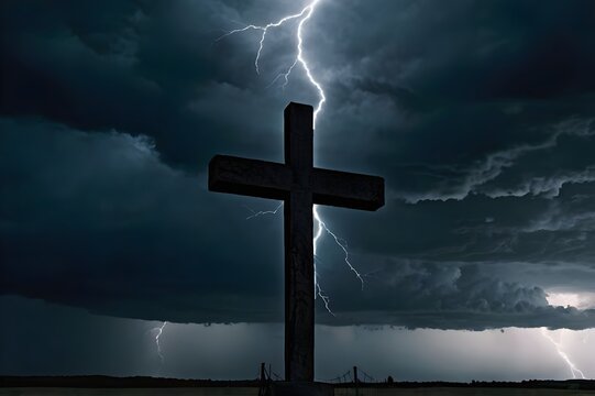A glowing cross hovers against a dark, stormy sky, symbolizing protection from bad luck. Lightning flashes in the background, creating a dramatic contrast between light, darkness, safety, and danger.