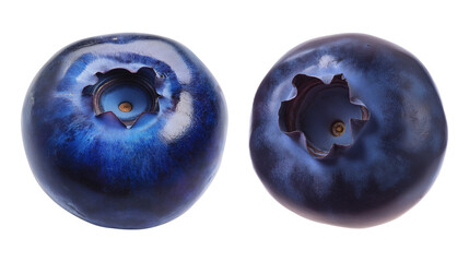 Obraz premium Closeup of two plump blueberries image isolated transparent. Rich blue berries, natural texture nutrition cut out photo png. Fresh healthy fruits cutouts elements objects photography