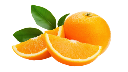 Whole orange paired with juicy wedges and leaves image isolated transparent. Healthy citrus snack cut out photo png. Vitamin C source. Natural fruit cutout element object photography