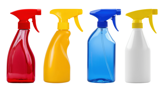 Set of four colorful plastic spray bottles image isolated transparent. Water sprayers with trigger nozzles cut out photo png. Cleaning tools cutouts elements objects photography