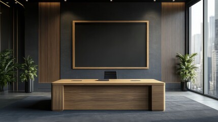 Fototapeta premium Mock up frame in a sleek, modern office with no decorations, only a natural wooden desk and charcoal grey walls, 3D render