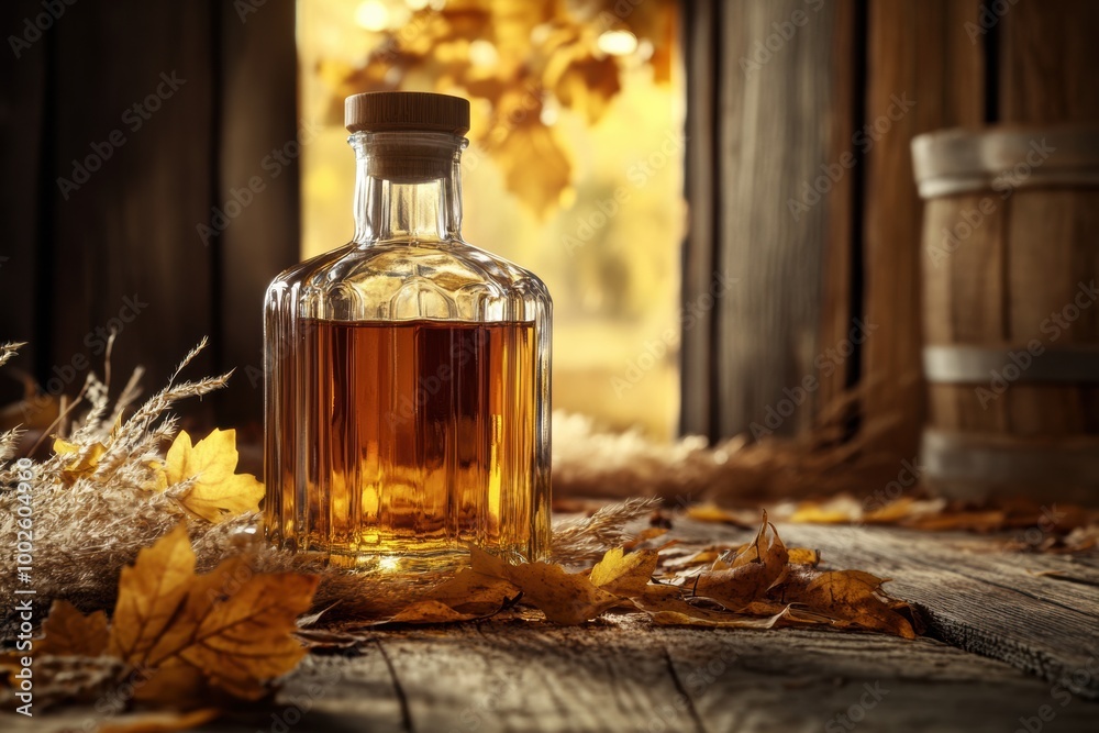 Aufkleber A close-up view of a whiskey bottle surrounded by autumn leaves in a rustic setting with warm colors capturing the essence of fall. Generative AI