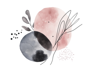 Abstract pink and gray watercolor with botanical details transparent image. Circular spots with minimalist dots fine lines isolated cutout. Nature inspired cut out clipart element png