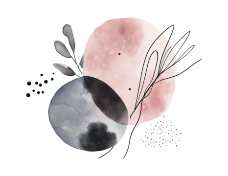 Abstract pink and gray watercolor with botanical details transparent image. Circular spots with minimalist dots fine lines isolated cutout. Nature inspired cut out clipart element png