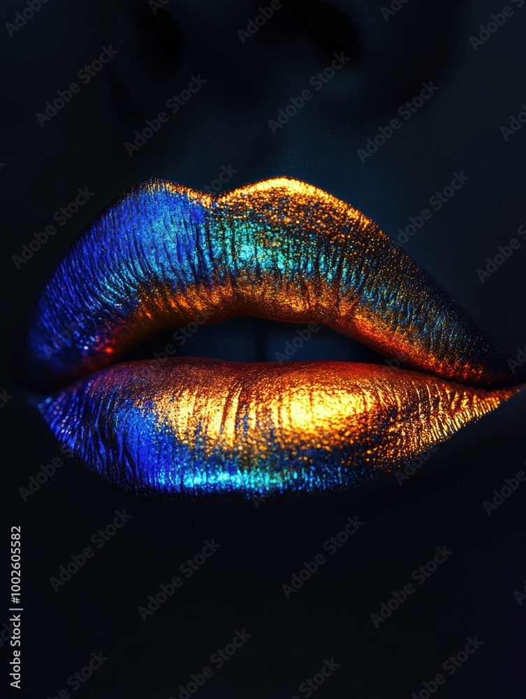 Poster close-up view of glossy lips with vibrant blue and orange shiny finish showcased against a dark back