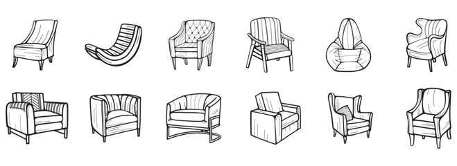 Set of different modern and vintage armchairs. Furniture vector realistic hand drawn illustration