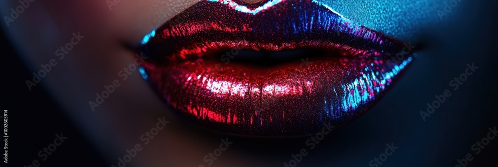 Poster close-up of glossy, vibrant lips with a shiny finish illuminated in bright colors against a dark bac
