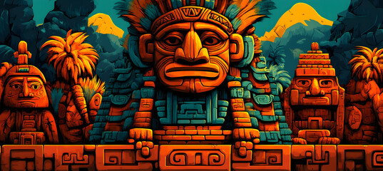 Inca or maya face mask illustration, colorful aztec background of traditionall tribal head masks. ancient mexican symbol illustration