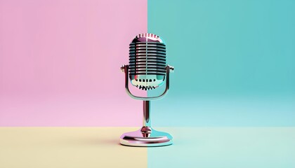 Retro microphone on pastel split background, podcasting icon, vibrant promotional design