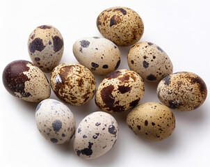 quail eggs isolated on white background; raw organic food; top view