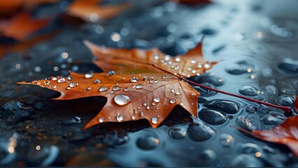 Close-up wet autumn leaf with water droplets on dark background, nature-themed wallpaper