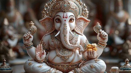 Fototapeta premium A beautifully rendered Ganesha statue embodies serenity and elegance, perfect for Diwali celebrations, invitations, and festive decor.