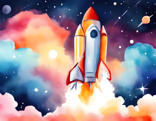 Naklejka premium Watercolor rocket launch background