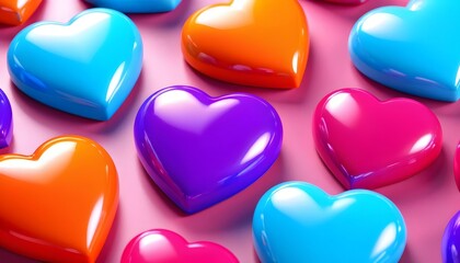 Obraz premium Glossy heart-shaped objects on pink background, colorful vibrant, perfect for Valentine's decoration