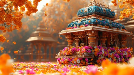 Fototapeta premium Celebrate Diwali with this vibrant image of a colorful decorative chariot adorned with flowers, ideal for festive promotions and cultural events.