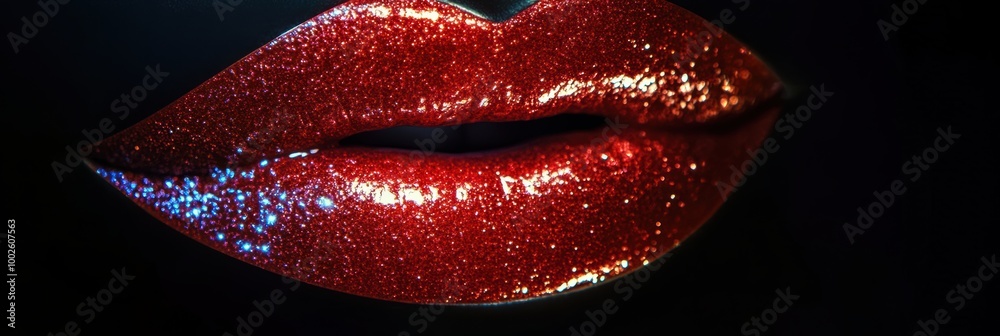 Aufkleber A close-up view of glossy, vibrant lips with a shiny finish beautifully illuminated in a dark background setting. Generative AI