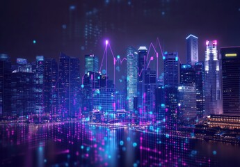 Fototapeta premium Nighttime Cityscape with Digital Overlays and Growth Charts