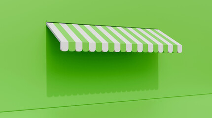 Striped street shop tent 3d illustration on green wall. Realistic striped cafe awning on green wall. Outdoor market tent. Roof canopy. Summer street store.
