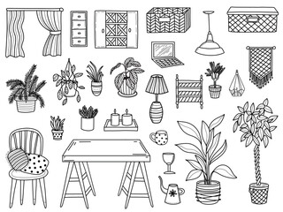 Creative doodle images of chair and table with various plants in pots and different home decorations