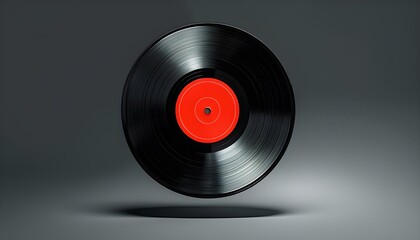 Vintage vinyl record with red label against grey background, retro music decor, nostalgia
