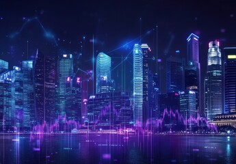 Night Cityscape with Digital Overlays and Reflections