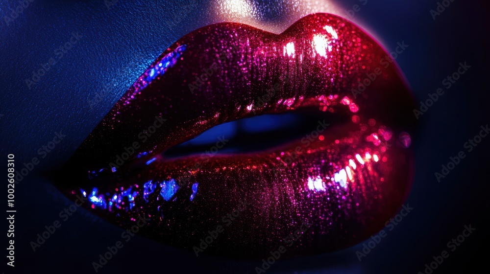 Poster close-up view of glossy lips showcasing a vibrant shiny finish under dramatic lighting. generative a