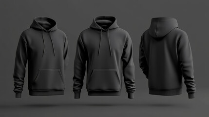This is a plain black hoodie template, showing both the front and back. It's perfect for presenting designs, showcasing how they'd look on a real hoodie.