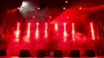 Illuminated concert stage with red lighting and fog effects ready for an electrifying performance at night
