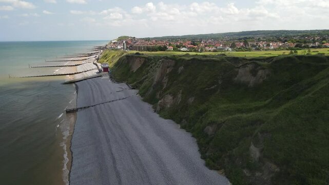 Drone Footage near Sheringham Golf Course Norfolk, England, United Kingdom. Sunny Day Low Tide, Low Drone Footage. 