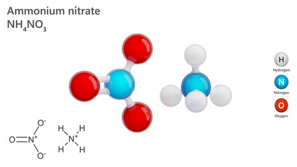 Ammonium nitrate (NH4NO3) is a chemical compound that is a white crystalline salt. It is mainly used in agriculture as a fertilizer with a high nitrogen content. White background. 3d illustration