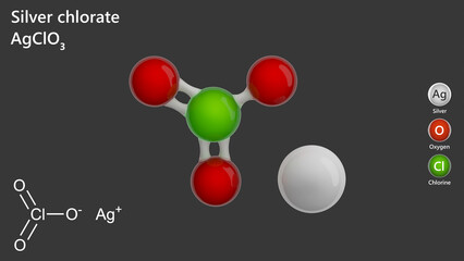 Silver chlorate (AgClO3) a simple metal salt, forms white, tetragonal crystals. it is water-soluble and an oxidizing agent. The substance exhibits blasting properties. Gray background. 3d illustration