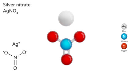 Model of Silver nitrate (AgNO3) is an inorganic compound. It is used in making photographic films, and in laboratory setting as a staining agent in protein visualization. White back. 3d illustration