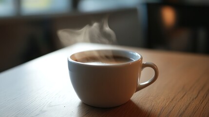 Obraz premium Steaming Cup of Coffee on a Table