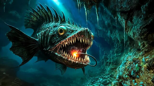 Scary angler fish swimming in deep ocean