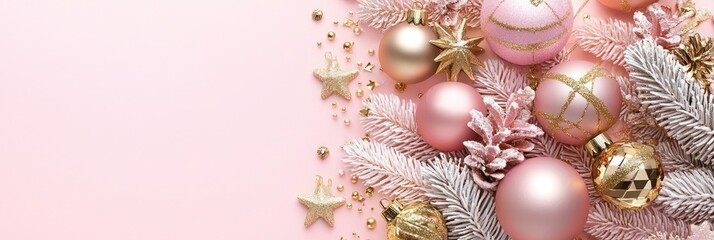 Fototapeta premium Premium festive decorations in pastel pink and gold creating an elegant Christmas background with stylish ornaments and details