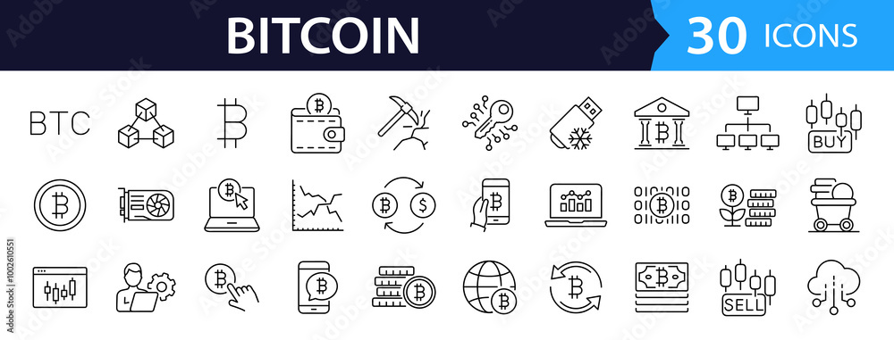 Poster Cryptocurrency set of web icons in line style. Bitcoin linear icon collection. Containing crypto currency, money, blockchain technology, mining, exchange, payment and more. Editable stroke