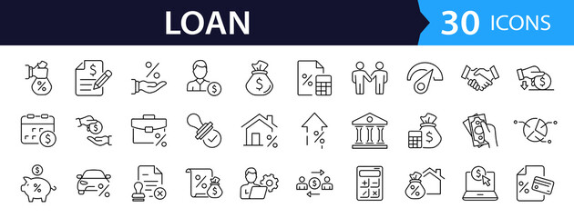 Loan set of web icons in line style. Loan and Credit linear icon collection. Containing loan, money, credit rating, business, leasing, interest, calculator, income, banking and more. Editable stroke