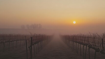 Fototapeta premium Sunrise over Vineyard in Fog