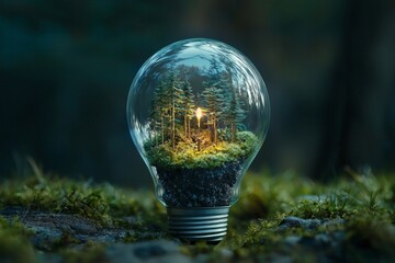 A lightbulb with an entire miniature forest inside, where tiny lights illuminate the scene, symbolizing ideas that thrive in their own hidden ecosystems. 
