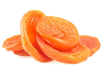 Heap of dried apricots isolated on a white background. Tasty apricots, healthy food.