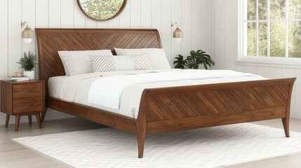 This modern Scandinavian bedroom features a minimalistic design with a cozy bed, an elegant armchair, and decorative plants, creating a peaceful and inviting space