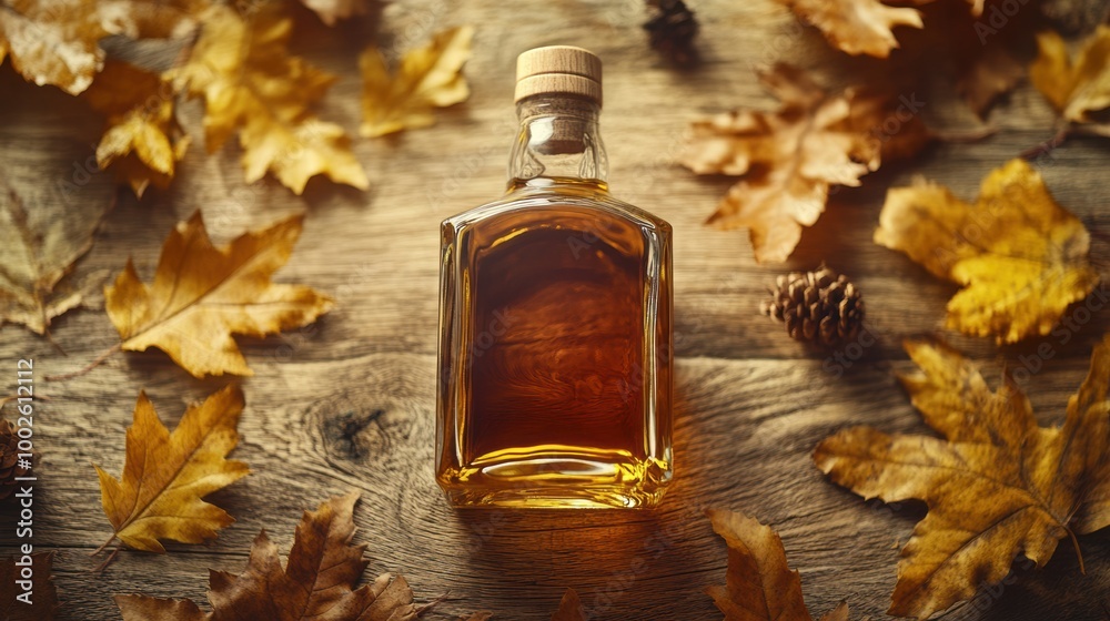 Poster close-up of a whiskey bottle surrounded by autumn leaves on a rustic wooden surface, capturing a war