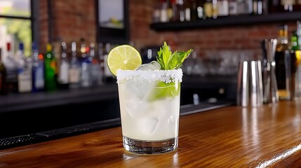 Refreshing Margarita Cocktail with Lime and Salt Rim on Bar Counter