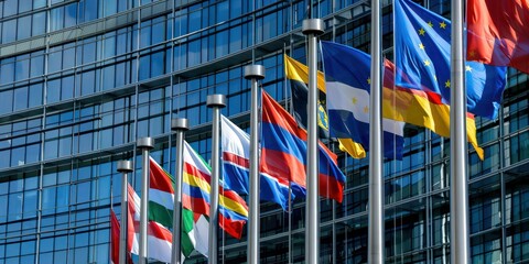 Obraz premium EU Headquarters: The headquarters of the European Union with flags of all member states
